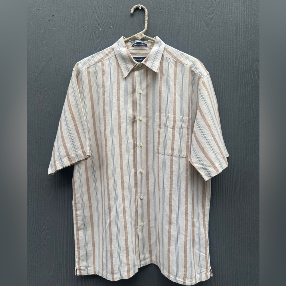 Austin Reed Vertical Stripe Linen short Sleeve Shirt Size MD